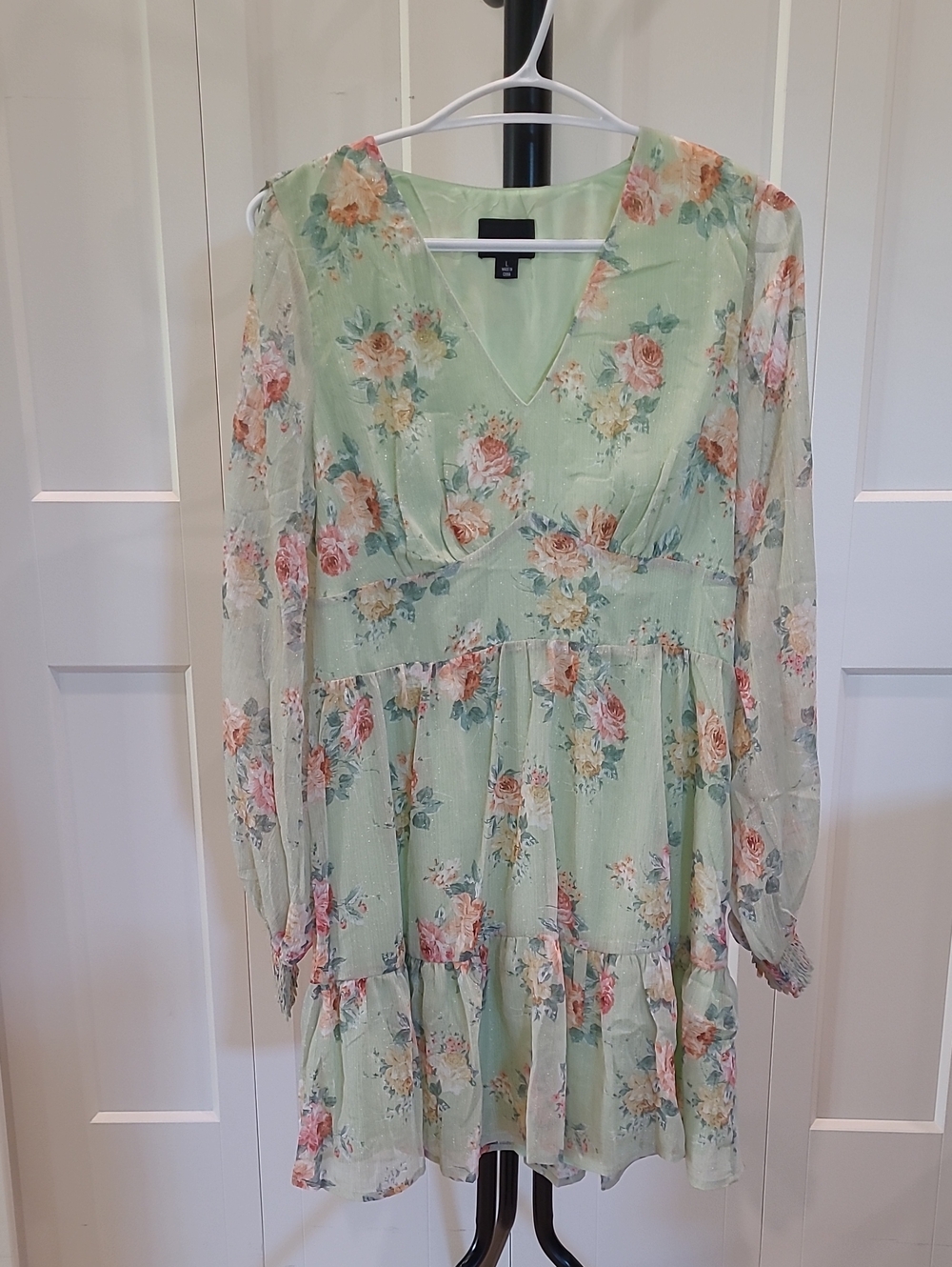 Lumiere Mint Green Floral V-Neck Tiered Mini Dress